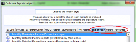 where the tabs should be for end of year other and favourite reports in the cashbook report menu