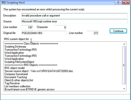IRIS Scripting Host, Microsoft VBScript Runtime Error