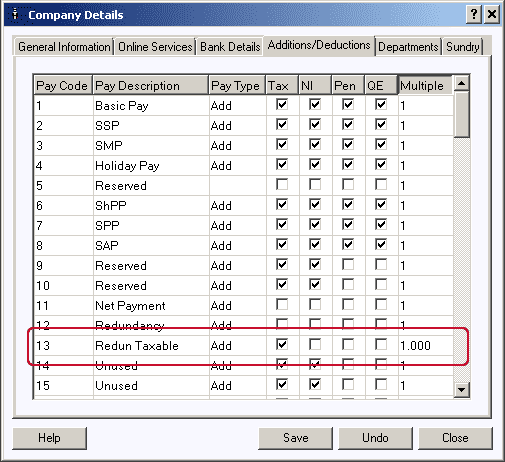 company details addition deductions list