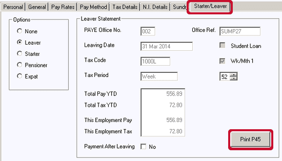 Starter leaver details tab in PAYE Master