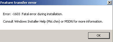 1603 fatal error during installation consult windows installer help msi.chm or MSDN for more information