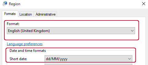 Windows 10 formats and preferences