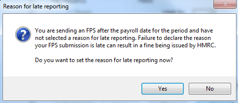 You are sending an FPS after the payroll date for the period and have not selected a reason for late reporting failure to declare the reason your FPS submission is late can result in a fine being issued by HMRC