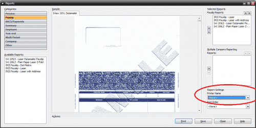 report manager settings for default printer selection
