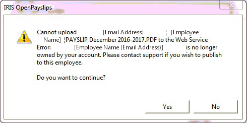 cannot upload to the web service error is no longer owned by your account please contact support if you wish to publish to this employee do you want to continue