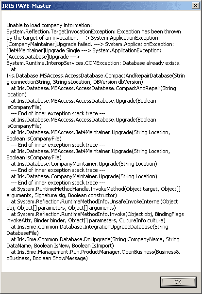 Unable to load company information system reflection targetinvocationexception exception has been thrown by target of invocation database already exists
