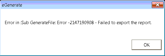 Error in Sub Generate File 2147190908 Failed to export the report