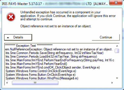 unhandled exception has occurred in a component in your application. if you click continue the application will ignore this error and attempt to continue object reference not set to an instance of an object