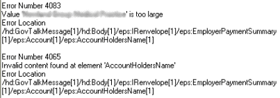 4083 value is too large account holder name 4065 invalid content found at element