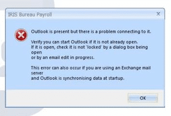 Outlook is present but there is a problem connecting to it.
Verify you can start Outlook if it is not already open.
If it os open, check it is not locked by a dialog box being open or by an email edit in progress
This error can occur if you are using an Exchange mail server and Outlook is synchronising data at startup