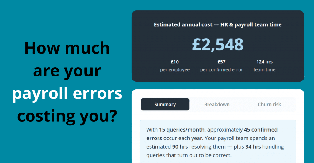Example of reduce payroll errors calculator tool with the words 'How much are your payroll errors costing you?'