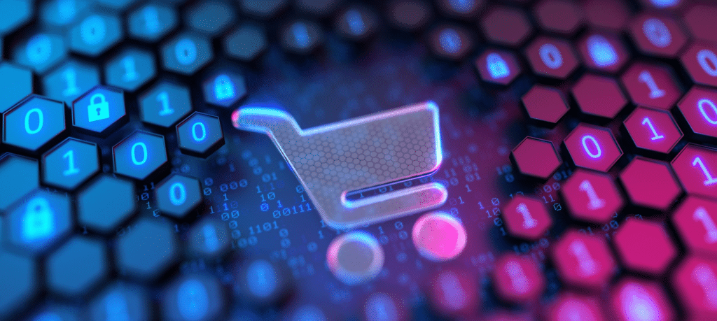 Picture of a shopping cart against binary code. Abstract image suggesting shopping and software.